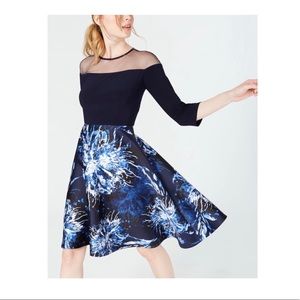 R&M RICHARDS Navy Floral 3/4 Illusion Fit + Flare